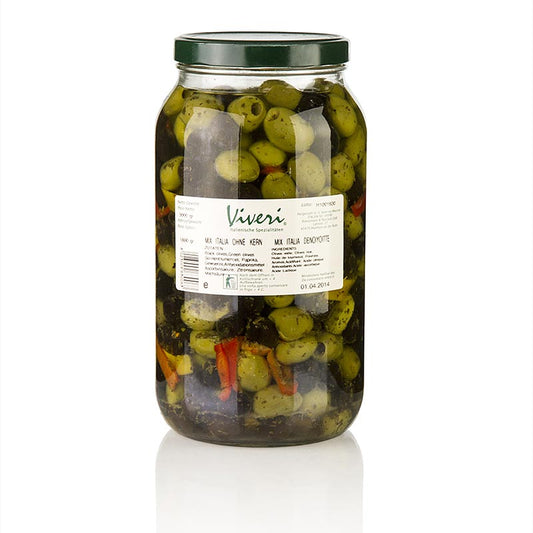 Mélange d'olives, olives vertes & noires, dénoyautées, marinées piquantes, Viveri, 3 kg