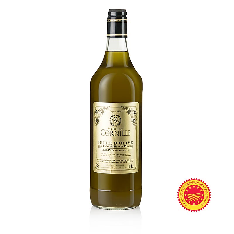 Huile d'olive vierge, Fruité Noir, douce et légèrement sucrée, Baux-de-Provence, AOP, Cornille, 1 l