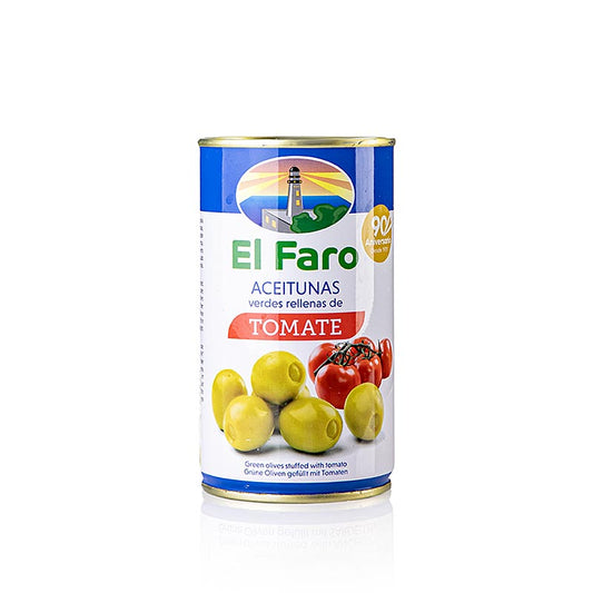 Olives vertes dénoyautées à la tomate, en saumure, El Faro, 350 g