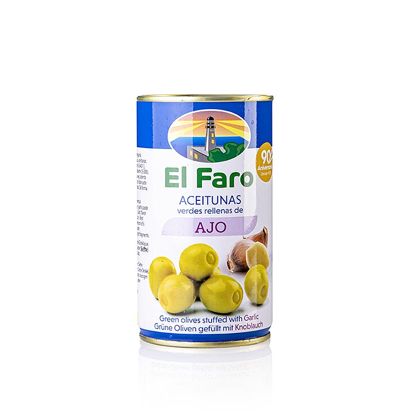 Olives vertes dénoyautées, à la pâte d'ail, en saumure, El Faro, 350 g