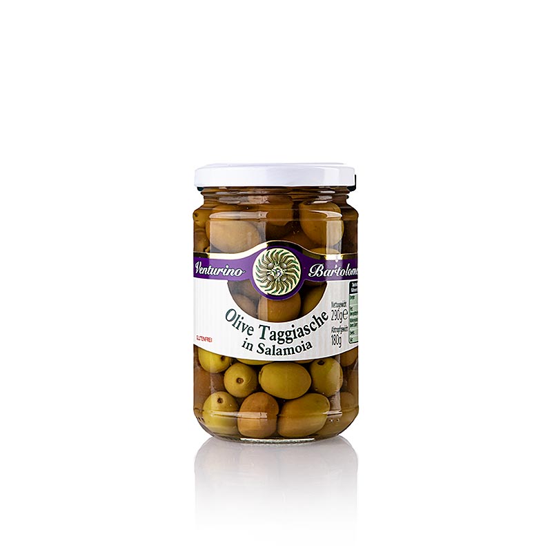 Mélange d'olives, olives Taggiasca vertes & noires, dénoyautées, en saumure, Venturino, 290 g