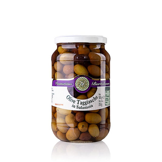 Mélange d'olives, olives Taggiasca vertes & noires, dénoyautées, en saumure, Venturino, 500 g