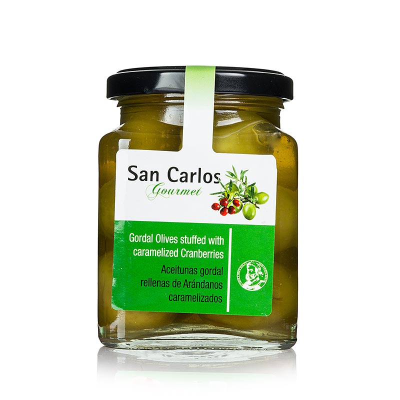 Olives vertes dénoyautées Gordal aux cranberries caramélisées, San Carlos, 300 g