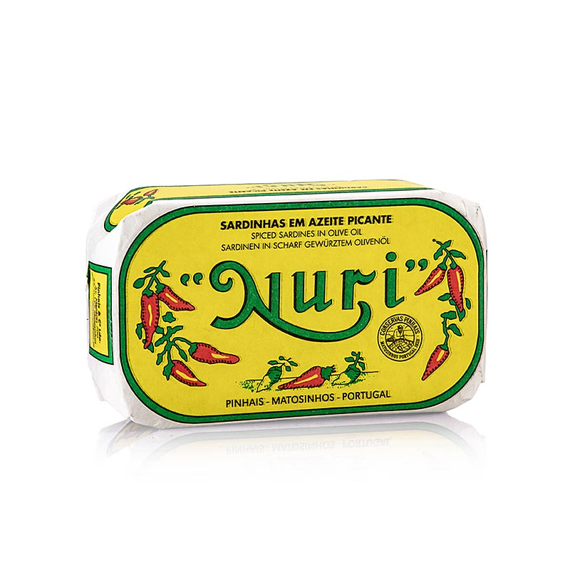 Sardines entières à Huile d'olive, piquantes, 3-5 Pièces, Nuri (Portugal), 125 g