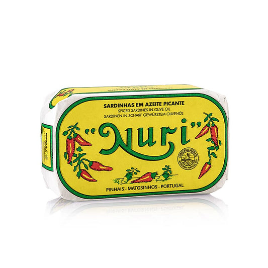 Sardines entières à Huile d'olive, piquantes, 3-5 Pièces, Nuri (Portugal), 125 g