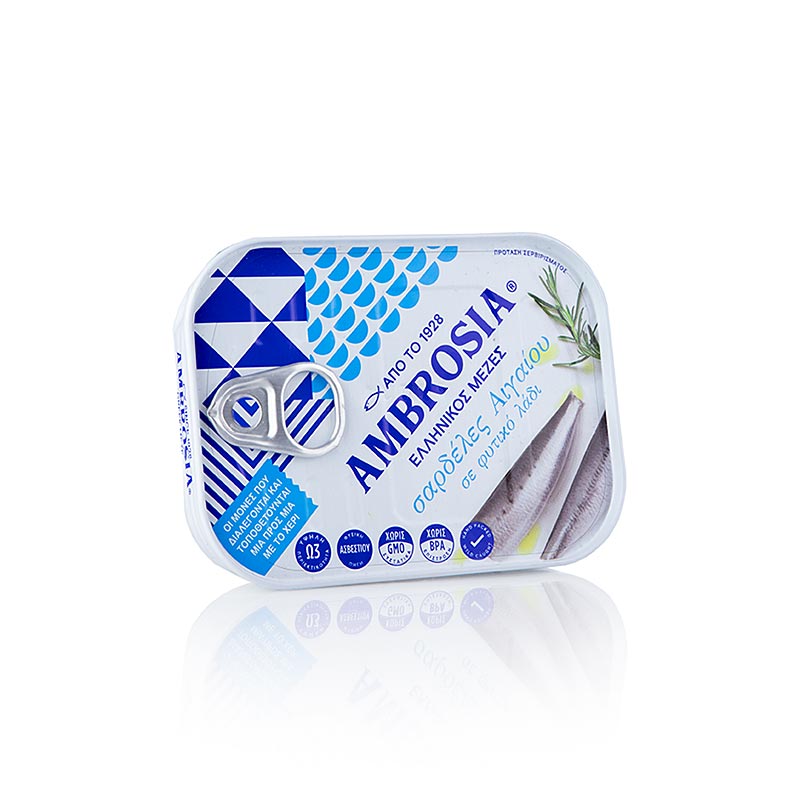 Sardines à l'huile, pêchées en mer Égée, Ambrosia, 105 g Boîte, idéales à la maison ou à emporter - sardines de grande qualité, pêchées et conservées selon des méthodes traditionnelles, au goût et à la texture authentiques, parfaites en entrée, dans les salades ou les plats de pâtes, aux riches saveurs de la Méditerranée