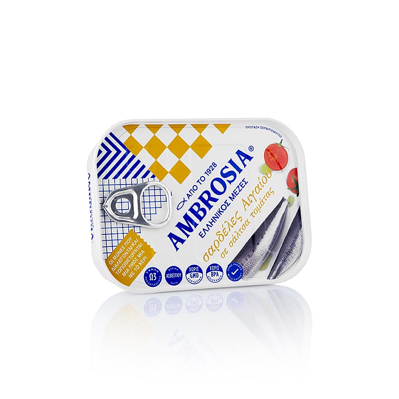 Sardines à la sauce tomate, préparées à partir de poissons frais pêchés en mer Égée, de la marque Ambrosia, conditionnées dans une boîte de 105 g Boîte