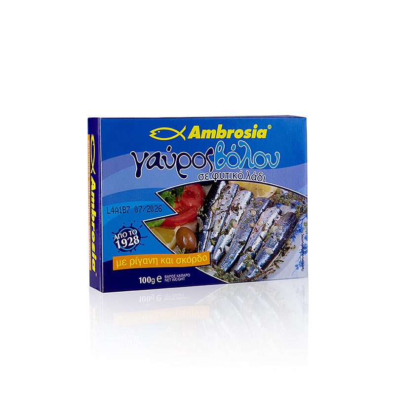 Ambrosia - Acciughe con origano e aglio, provenienti dal Mar Egeo, 100 g