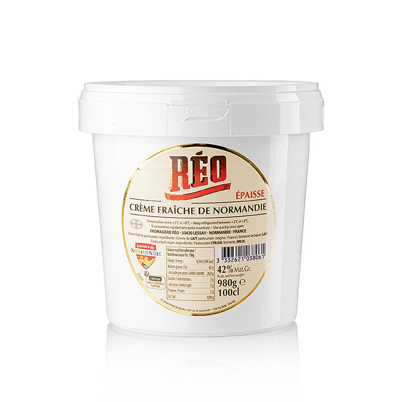 Crème Fraîche, "Crème Épaisse" aus der Normandie, RÉO, 42% Fett, 980 g