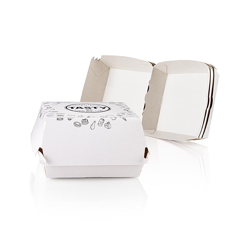 Take Away Einweg Burger-Box M, 115x115x70mm, 3x100 Stück, Pappe, "Tasty", 300 St