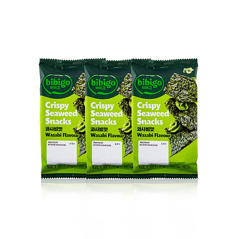 Bibigo - Seetang Snack Wasabi Flavour, knusprige Algenblätter, 15 g