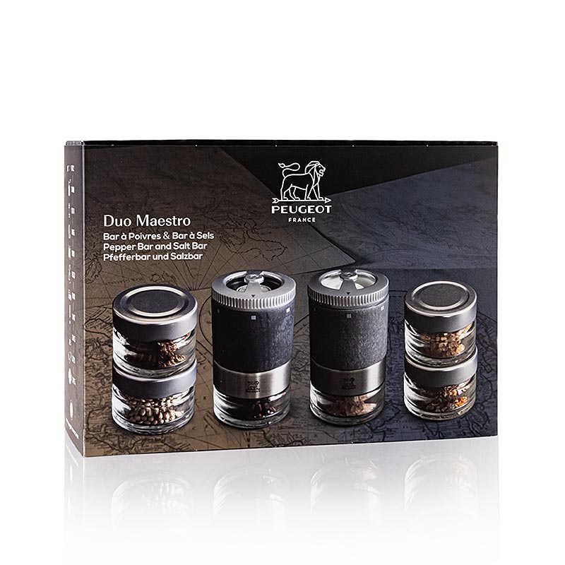 Sel  à poivre MAESTRO DUO, avec 6 pots à épices, gris clair, 11 cm, Peugeot, 1 pièce